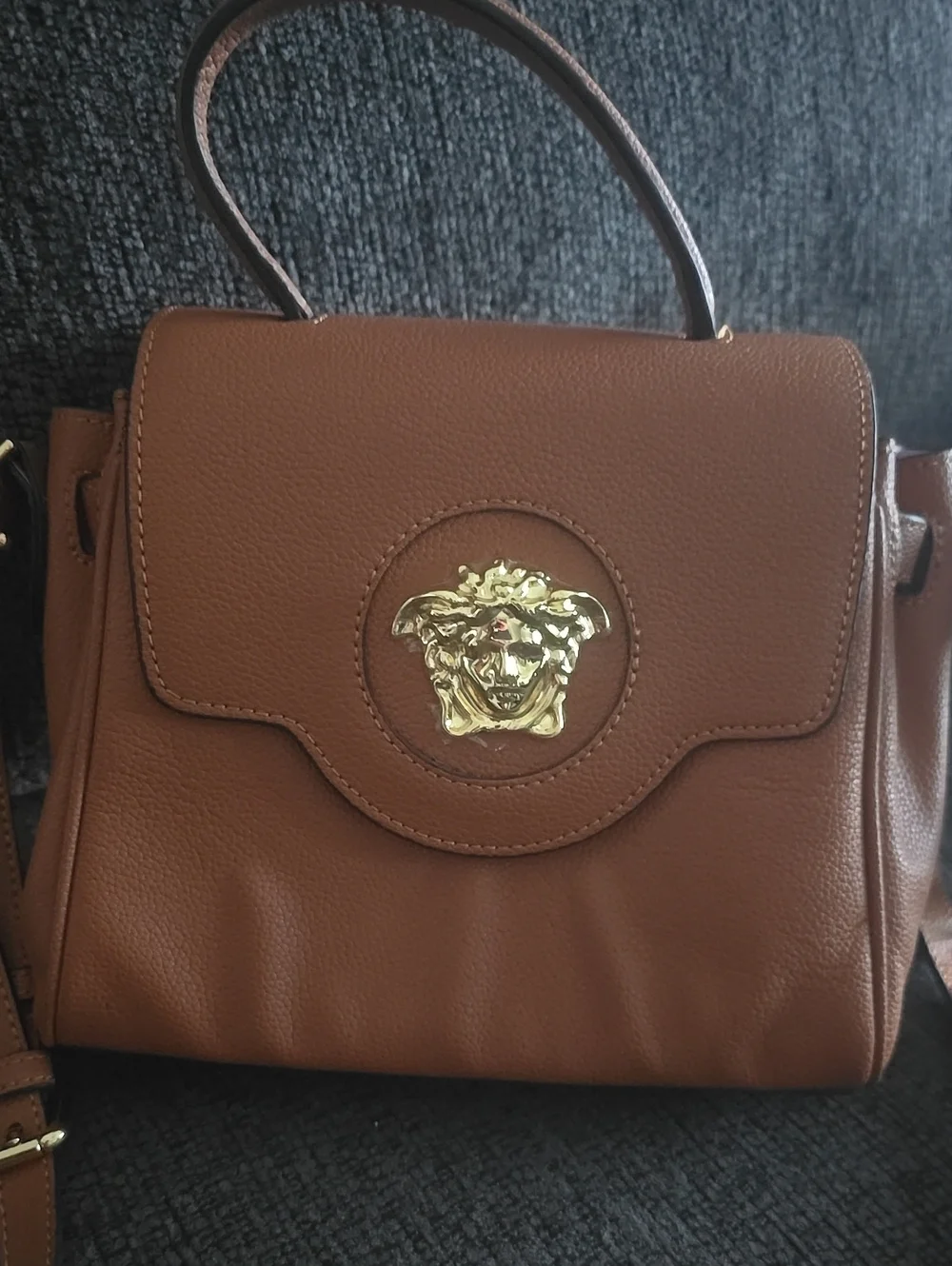 Women's Brown Top-Handle Satchel with Gold Medallion Accent